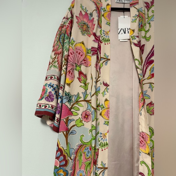 NWT ZARA Floral Printed Long Kimono Belted Beach Boho Style Pink Size XS - Picture 7 of 16